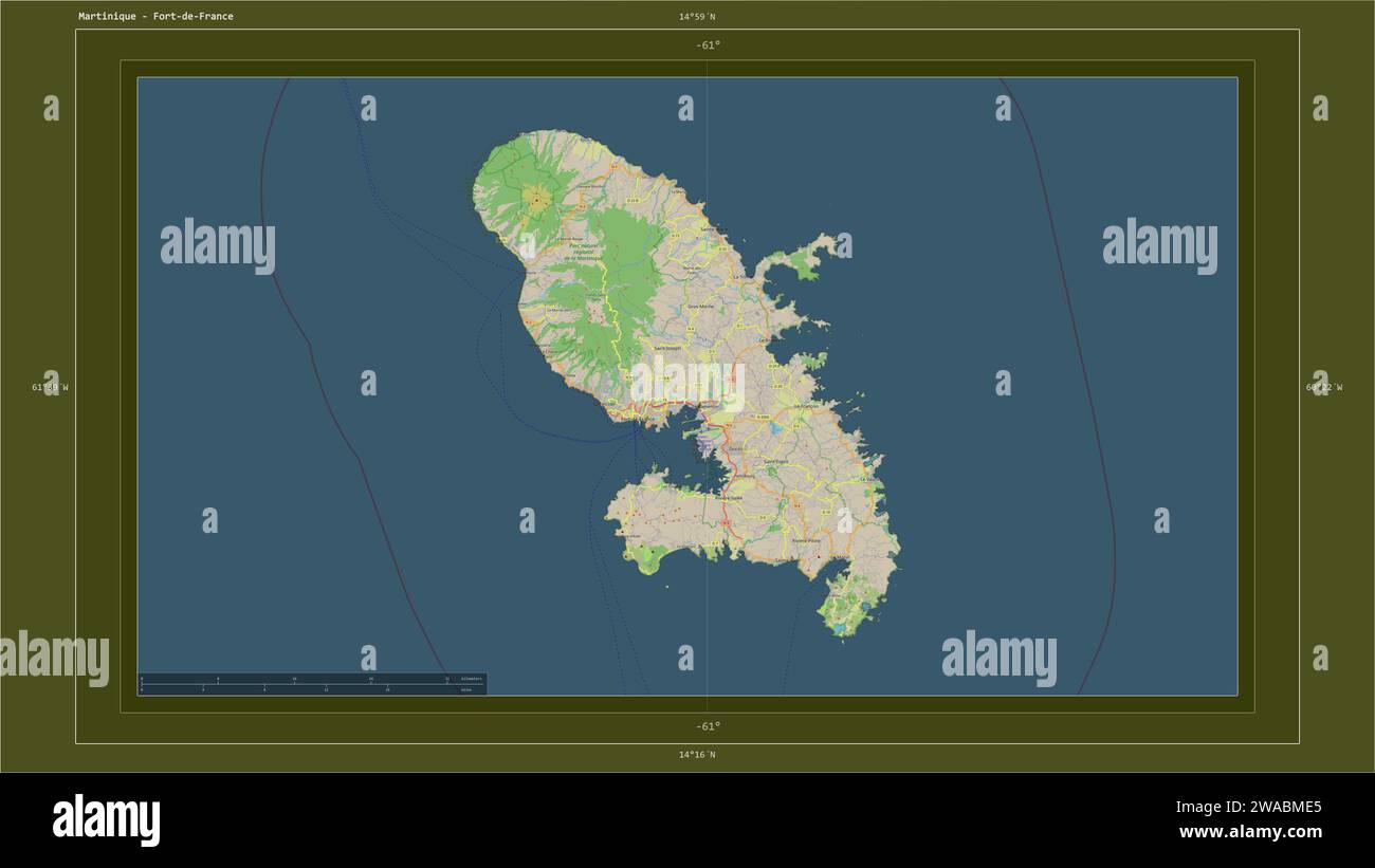 Martinique Highlighted On A Topographic OSM Standard Style Map Map Martinique Highlighted On A Topographic Osm Standard Style Map Map With The Countrys Capital Point Cartographic Grid Distance Scale And Map Border 2WABME5