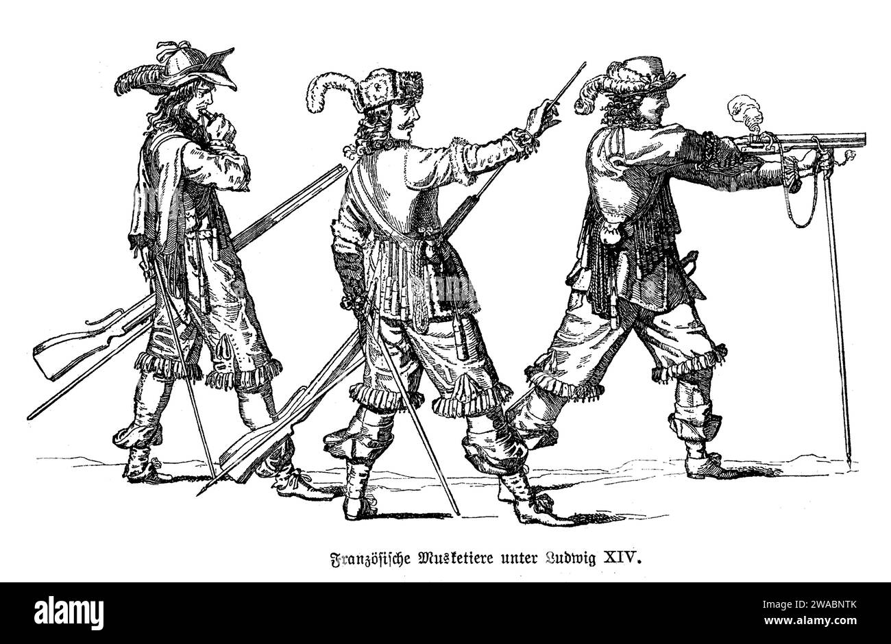 French musketeers  with feathered hat, sword and costume while firing a musket, king Louis XIV time (17th century) Stock Photo