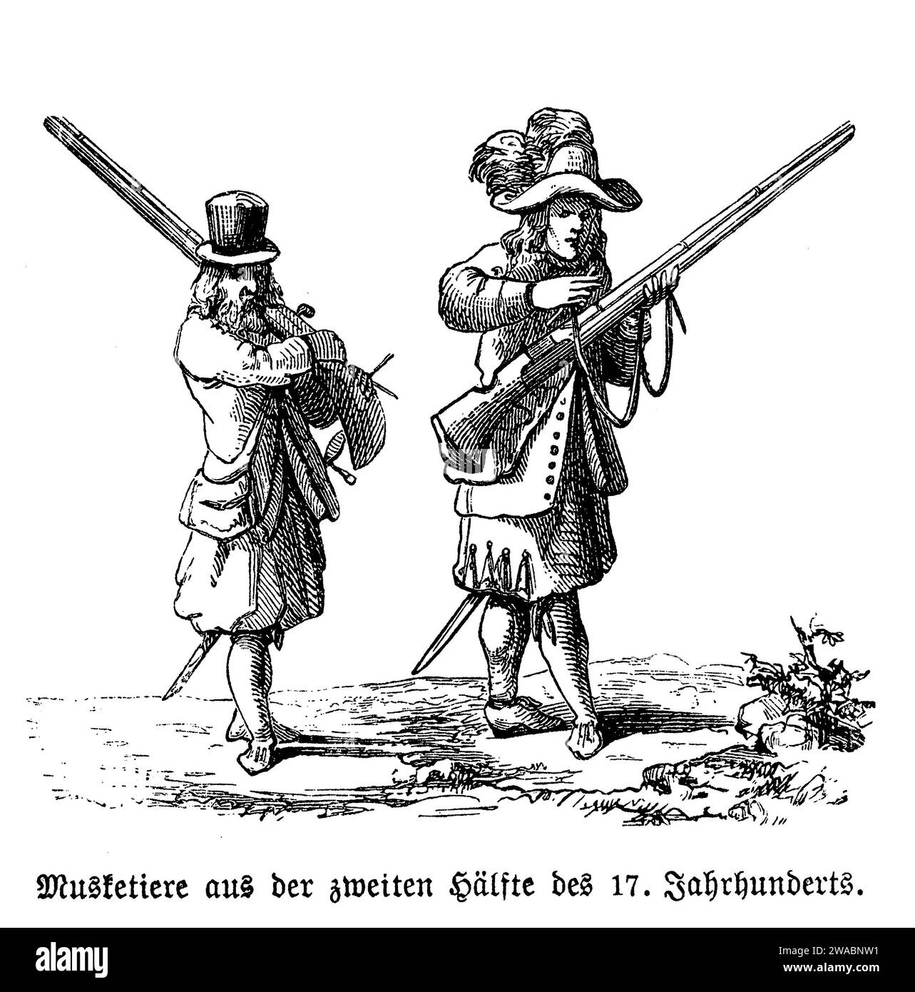 French musketeers with  hat, sword and costume  holding a musket rifle, 17th century Stock Photo