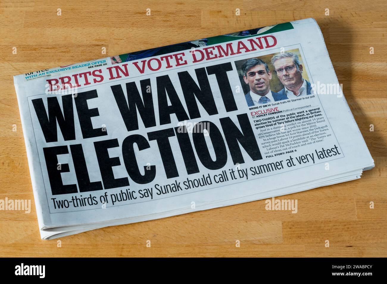 2 January 2024. Headline in Daily Mirror reads Brits in Vote Demand We Want Election. Stock Photo