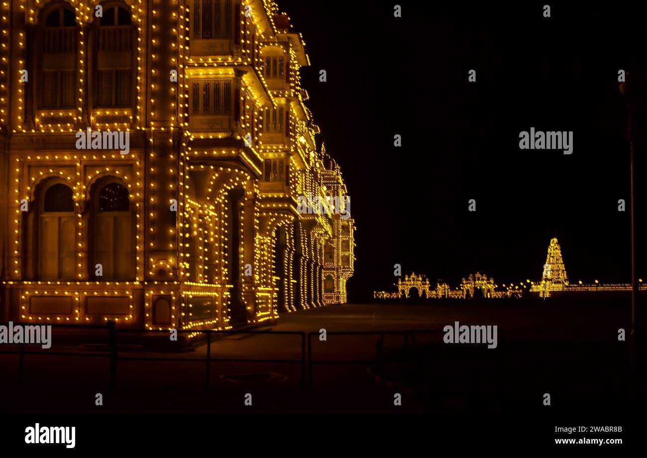 Side View Of Illuminated Mysore Palace In The State Of Karnataka, India ...