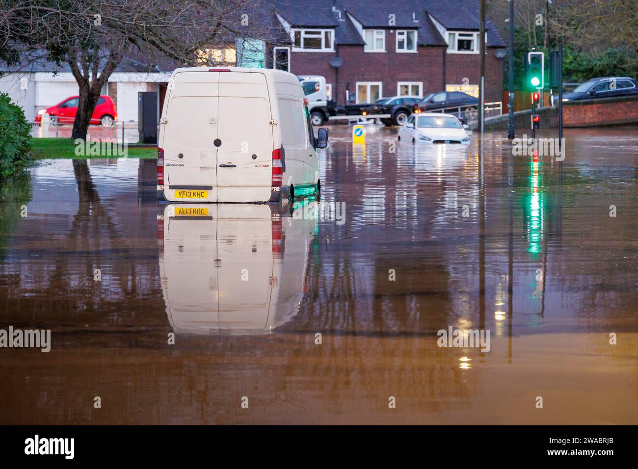 At the start of 2024 Storm Henk saw large parts of the Midlands under water after severe flooding. Pictured, scenes in the village of Polesworth, North Warwickshire where vehicles had become trapped in the deep water. Stock Photo
