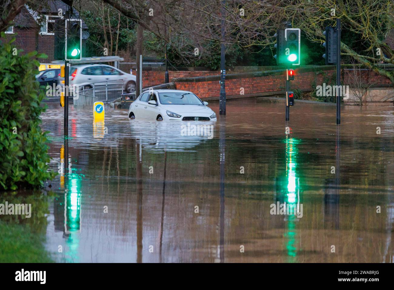 At the start of 2024 Storm Henk saw large parts of the Midlands under water after severe flooding. Pictured, scenes in the village of Polesworth, North Warwickshire where vehicles had become trapped in the deep water. Stock Photo