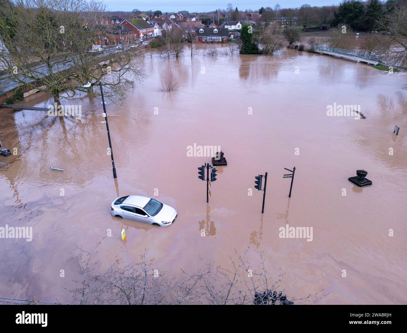 At the start of 2024 Storm Henk saw large parts of the Midlands under water after severe flooding. Pictured, scenes in the village of Polesworth, North Warwickshire where vehicles had become trapped in the deep water. Stock Photo
