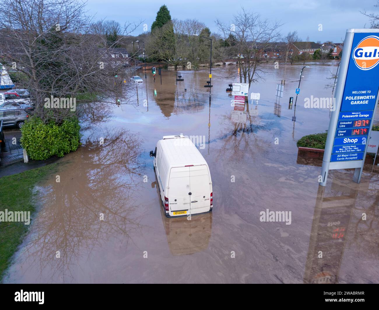 At the start of 2024 Storm Henk saw large parts of the Midlands under water after severe flooding. Pictured, scenes in the village of Polesworth, North Warwickshire where vehicles had become trapped in the deep water. Stock Photo