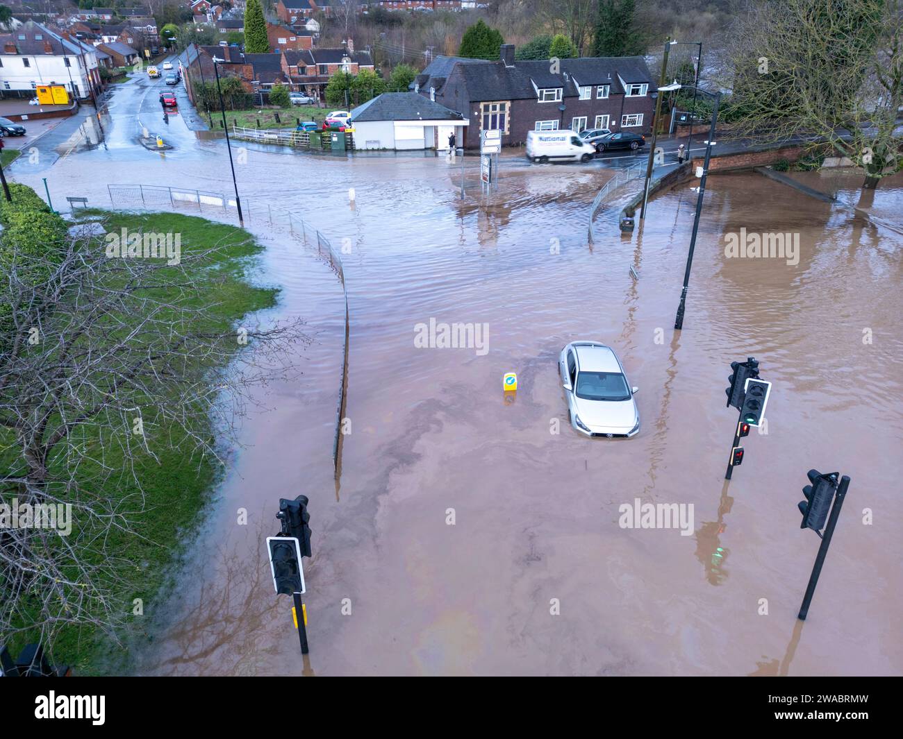 At the start of 2024 Storm Henk saw large parts of the Midlands under water after severe flooding. Pictured, scenes in the village of Polesworth, North Warwickshire where vehicles had become trapped in the deep water. Stock Photo