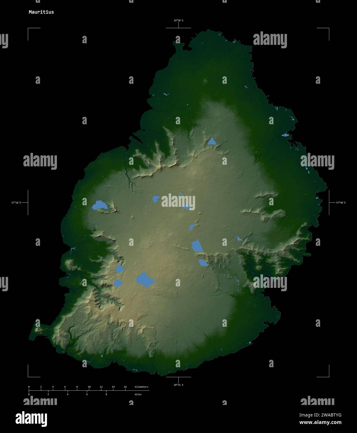 Shape of a Colored elevation map with lakes and rivers of the Mauritius ...