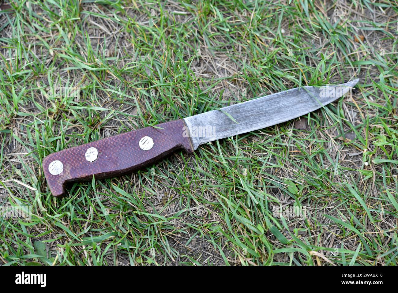 A homemade knife on the grass. An iron knife with a handle Stock Photo