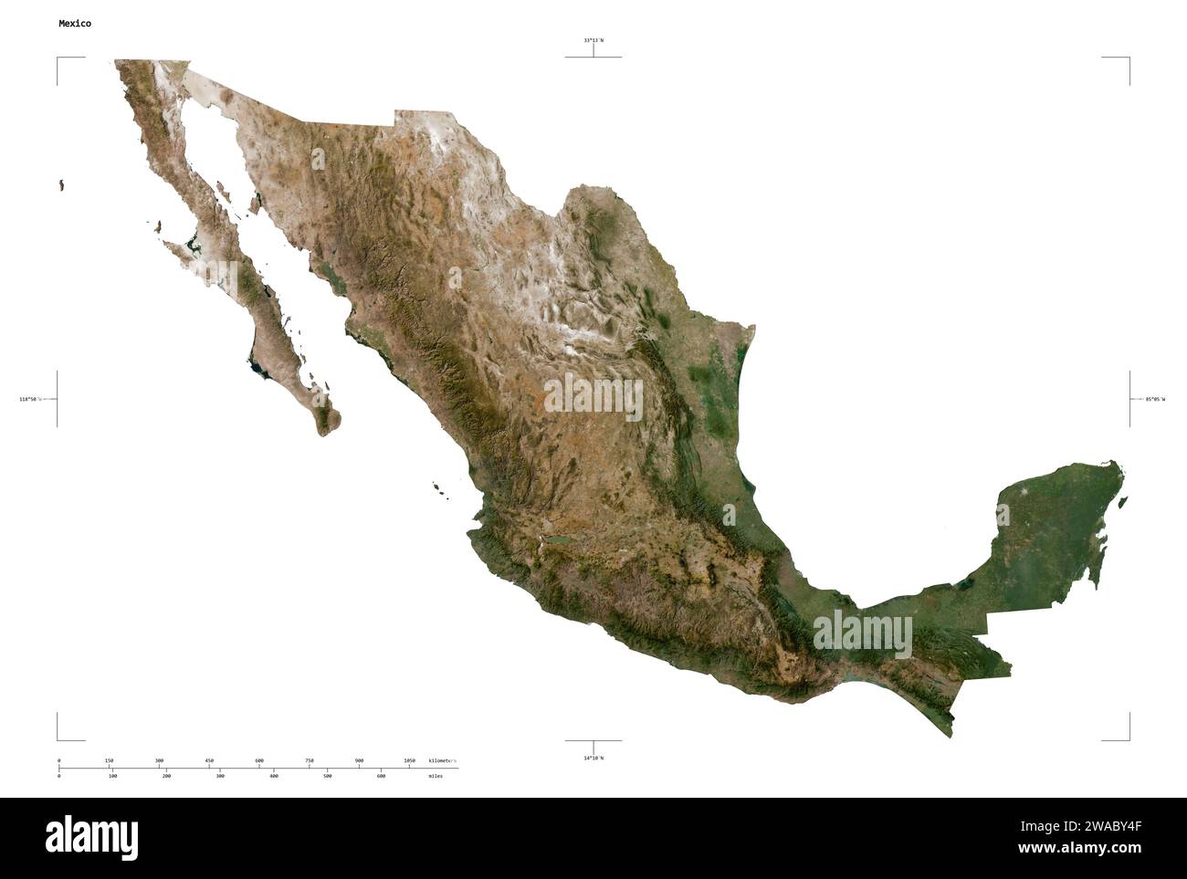 Shape of a low resolution satellite map of the Mexico, with distance ...