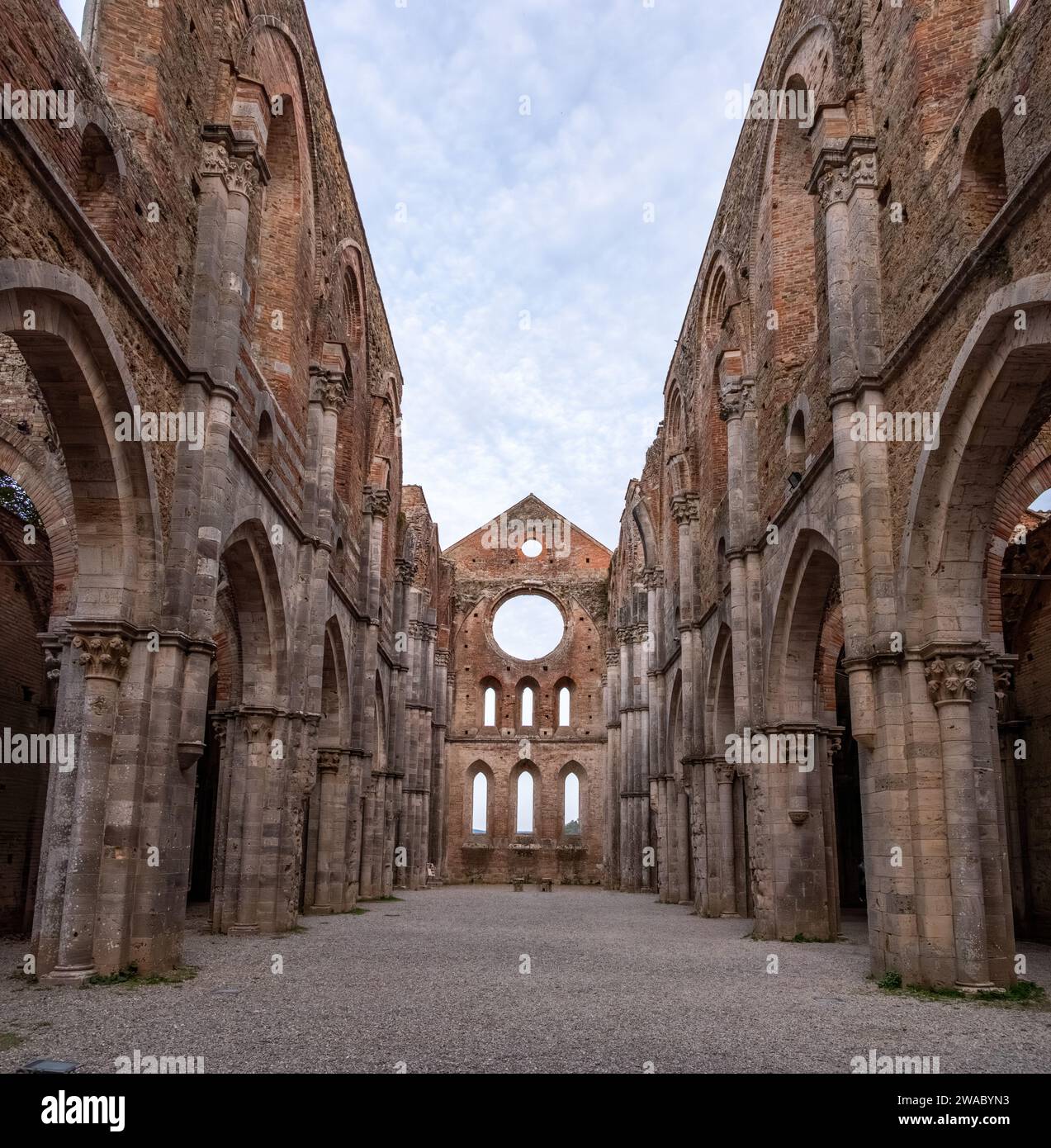 Nave of the ruined and abandoned Cistercian monastery San Galgano in the Tuscany, Italy Stock Photo