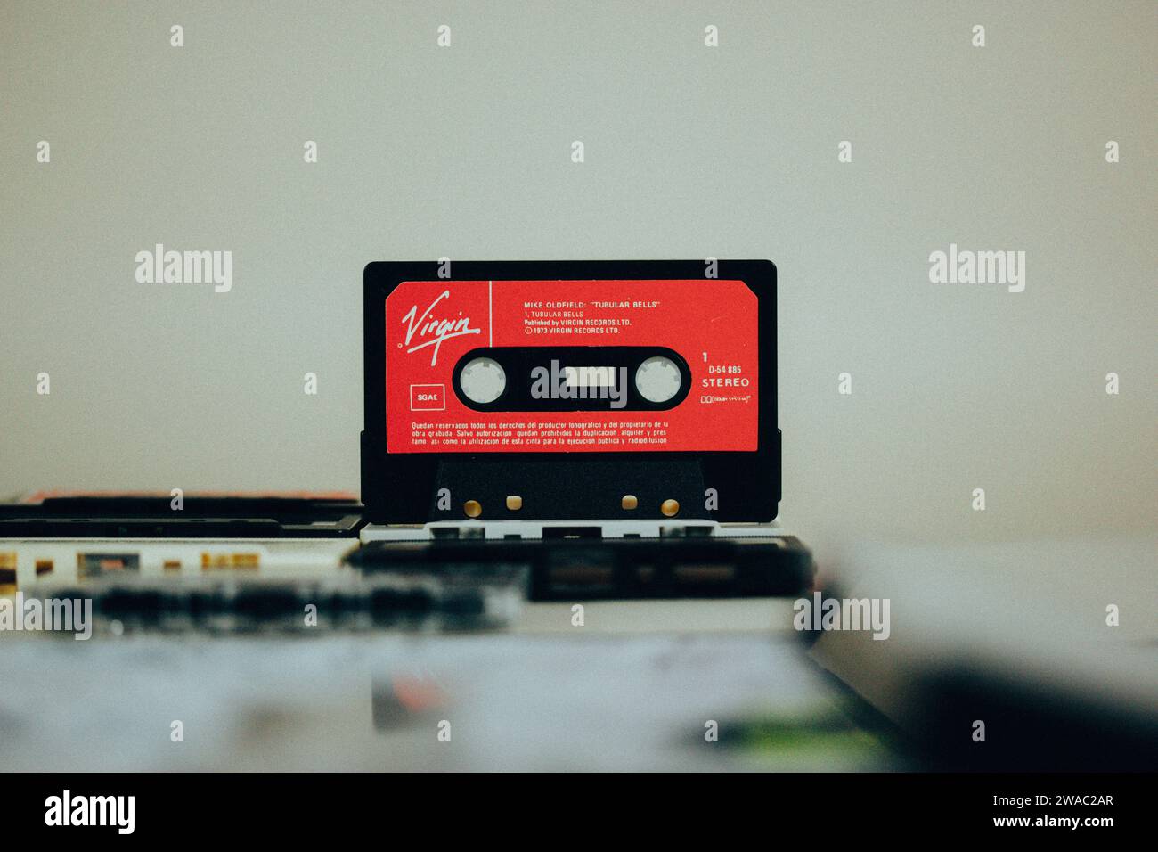 Madrid, Spain. January 2, 2024 An old vintage red cassette for tape