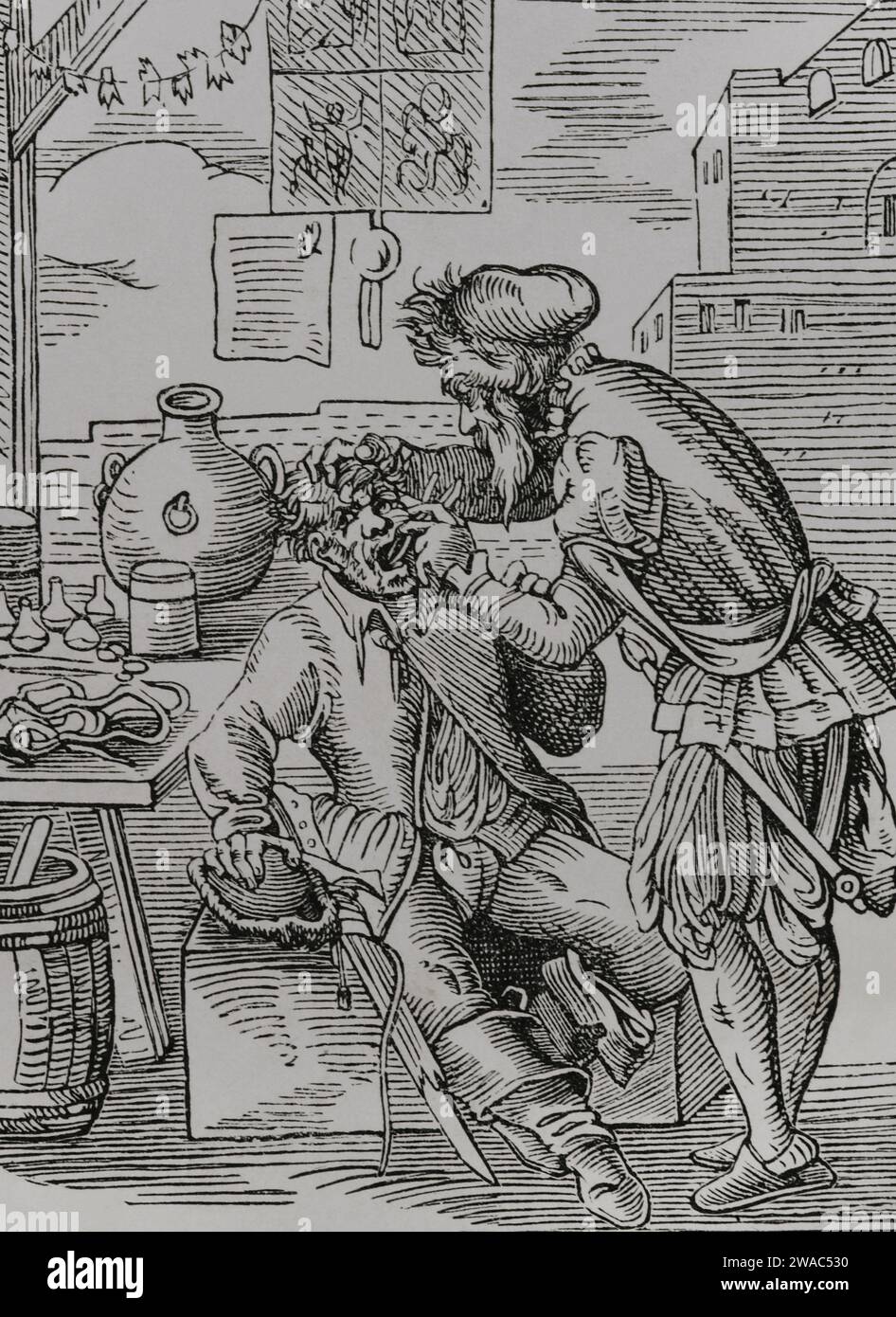 Dentist. Drawing and engraving by Jost Amman, 16th century. Sciences & Lettres au Moyen Age et à l'époque de la Renaissance. Paris, 1877. Stock Photo