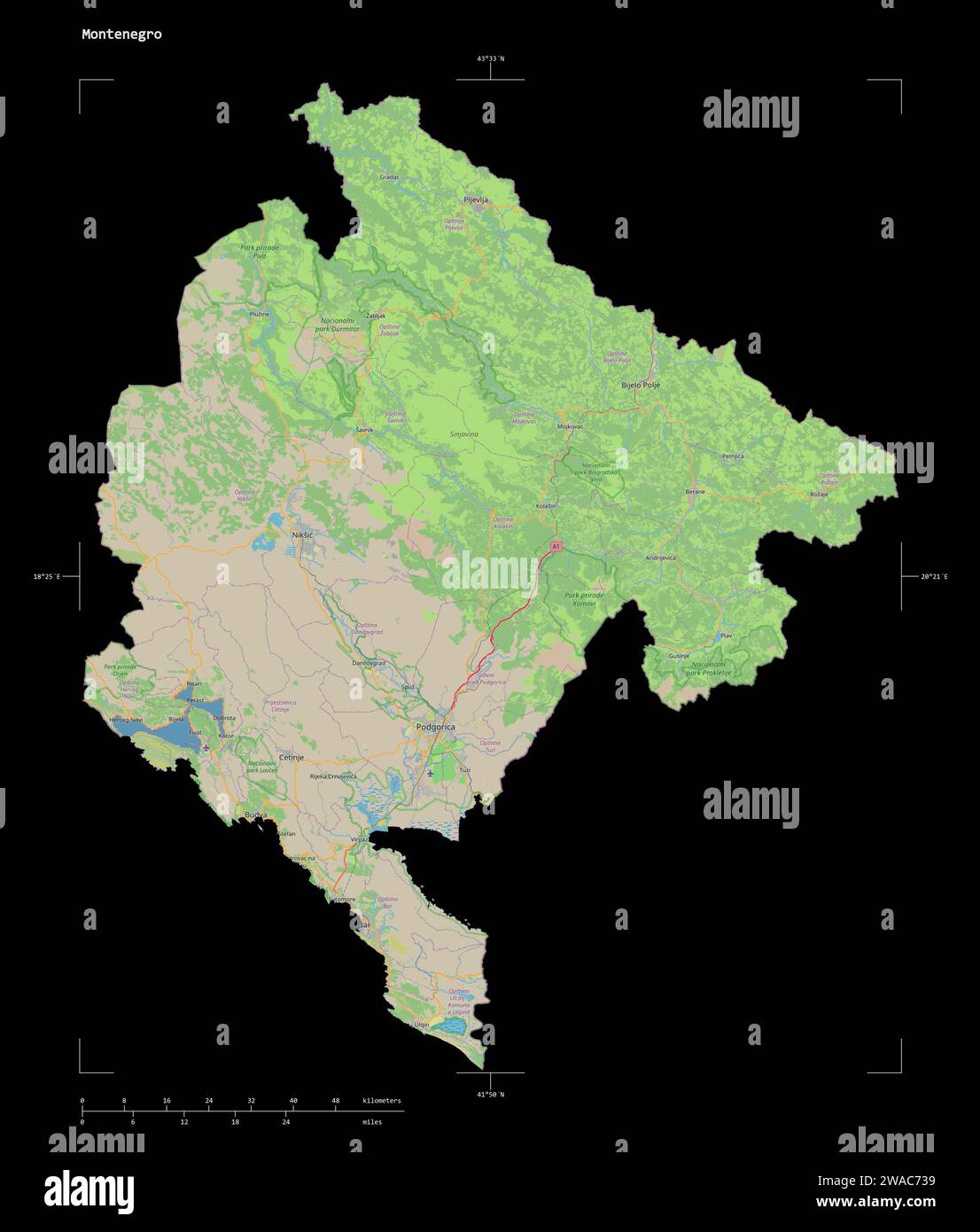 Shape of a topographic, OSM standard style map of the Montenegro, with ...