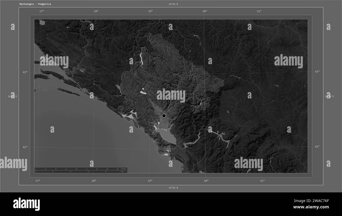 Montenegro highlighted on a Grayscale elevation map with lakes and ...
