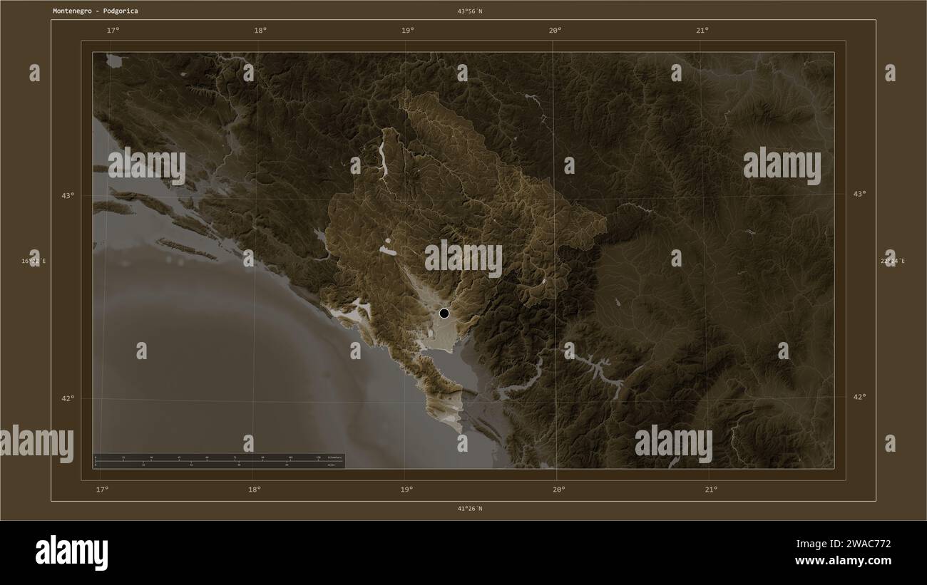 Montenegro highlighted on a elevation map colored in sepia tones with ...