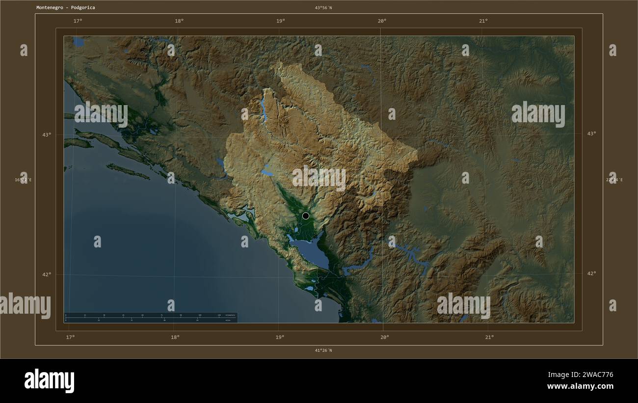 Montenegro highlighted on a Colored elevation map with lakes and rivers ...