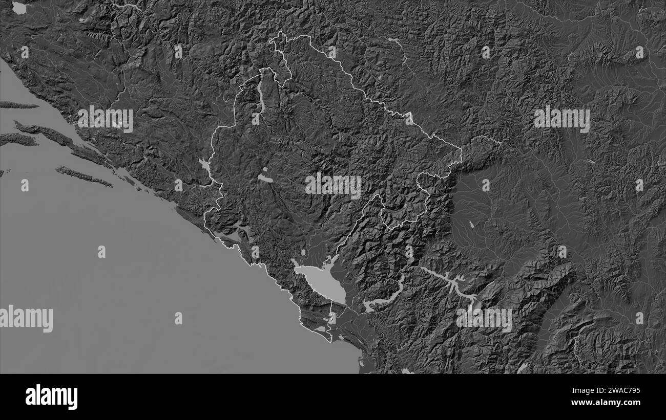 Montenegro outlined on a Bilevel elevation map with lakes and rivers ...