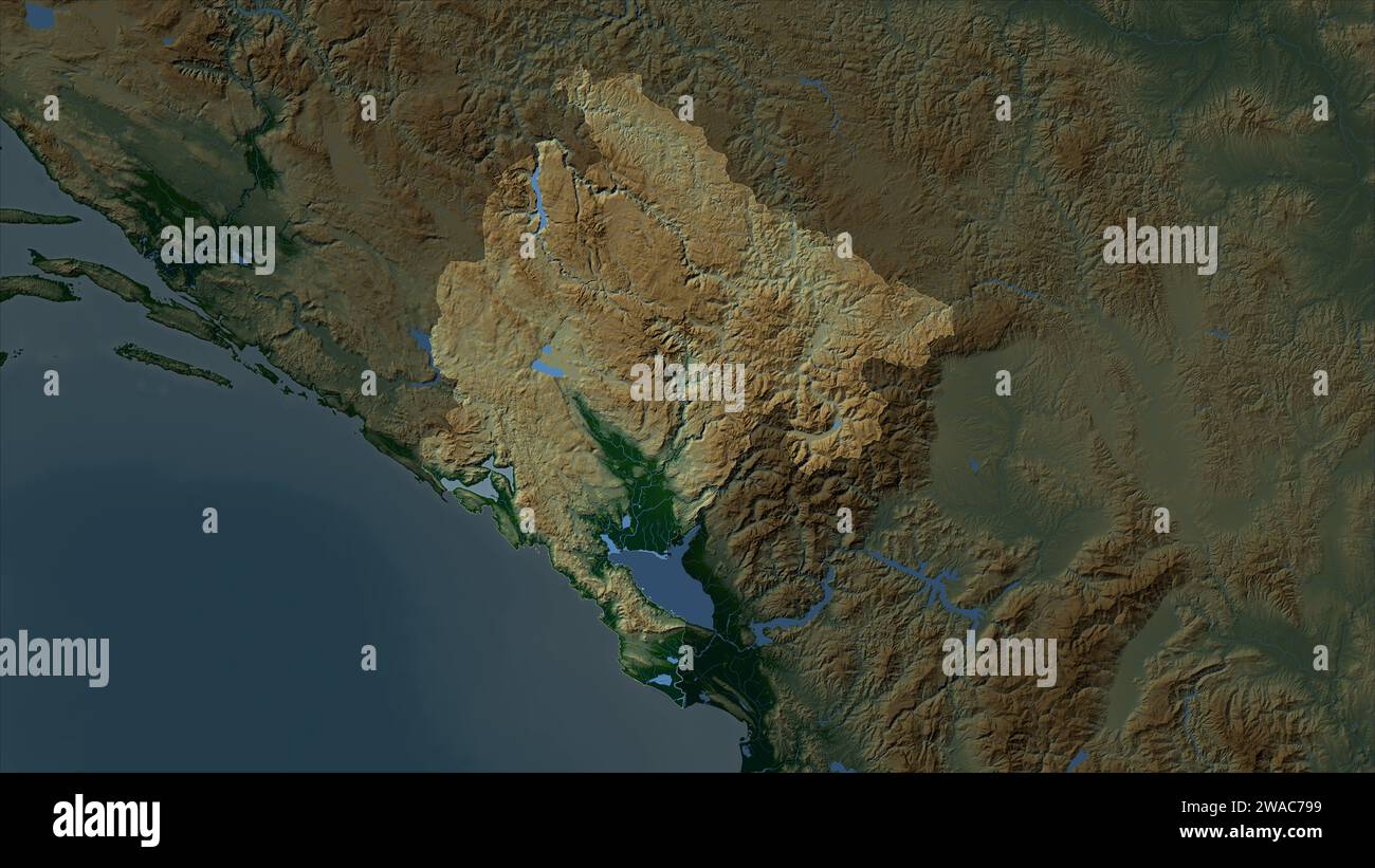 Montenegro highlighted on a Colored elevation map with lakes and rivers ...