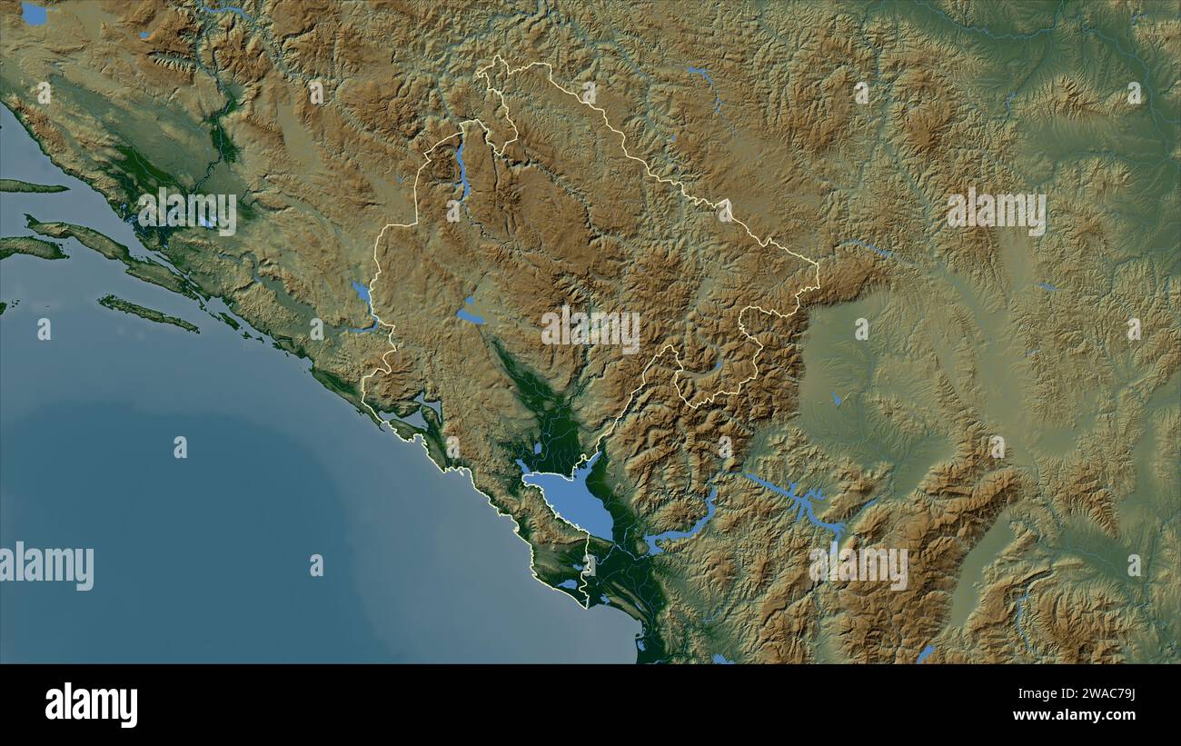 Montenegro outlined on a Colored elevation map with lakes and rivers ...