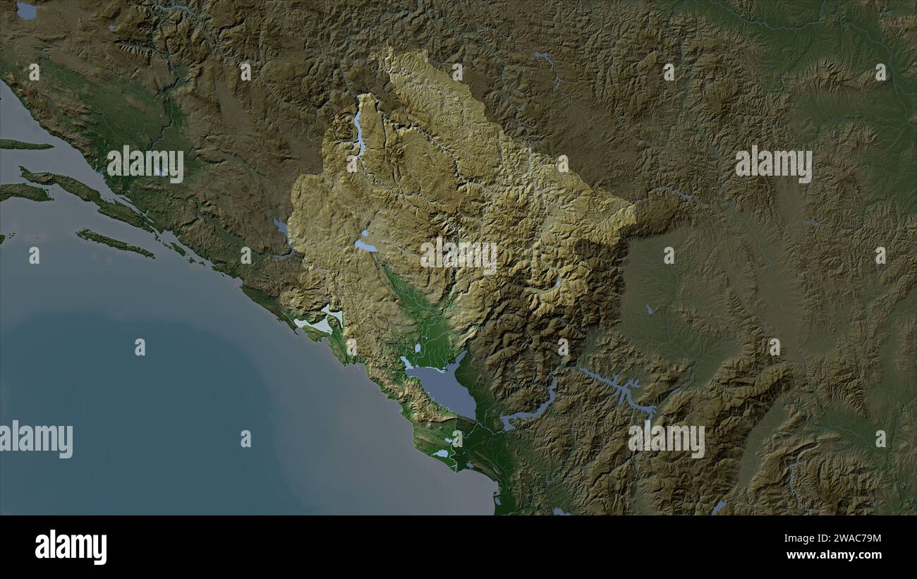 Montenegro highlighted on a Pale colored elevation map with lakes and ...