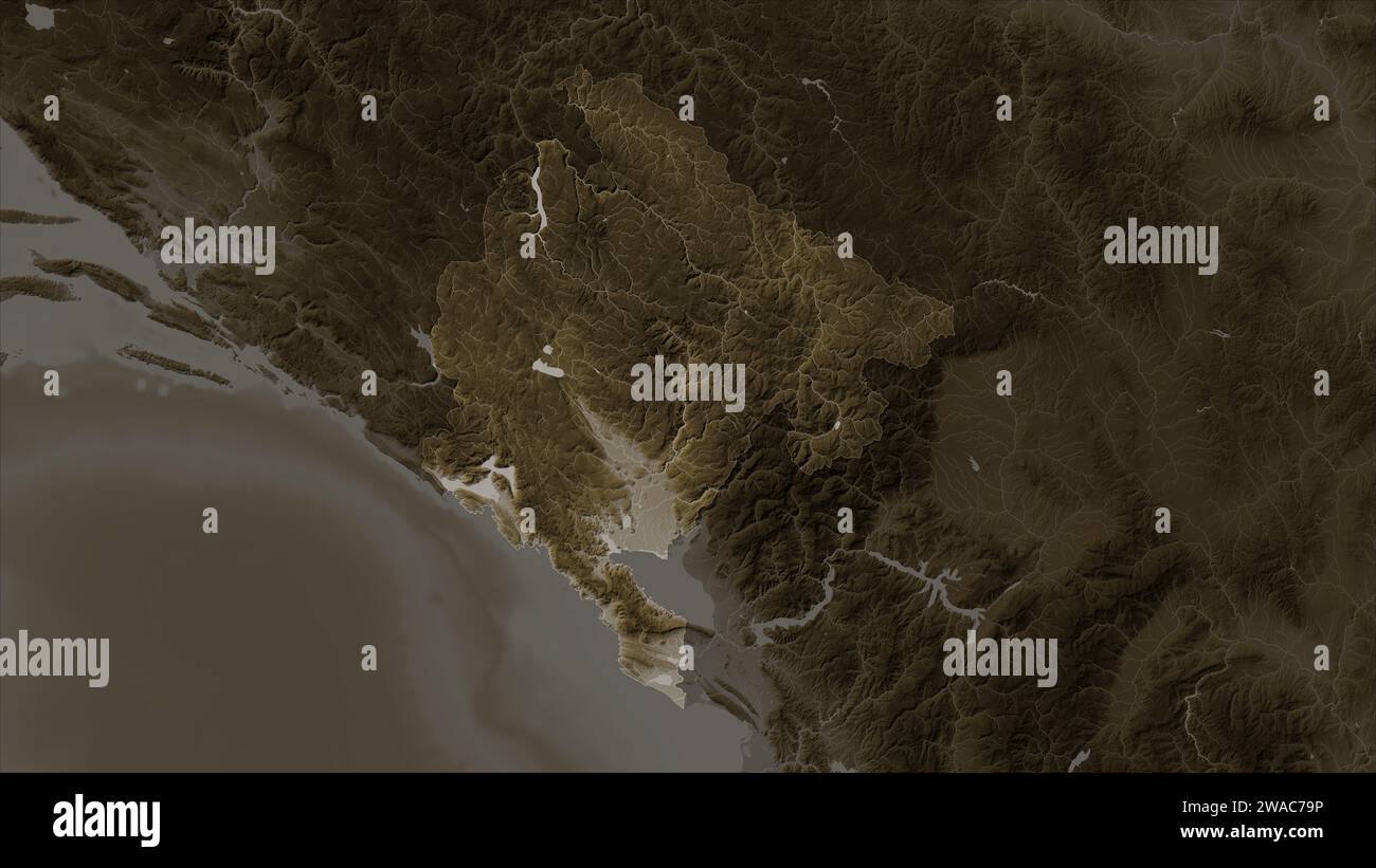 Montenegro highlighted on a elevation map colored in sepia tones with ...