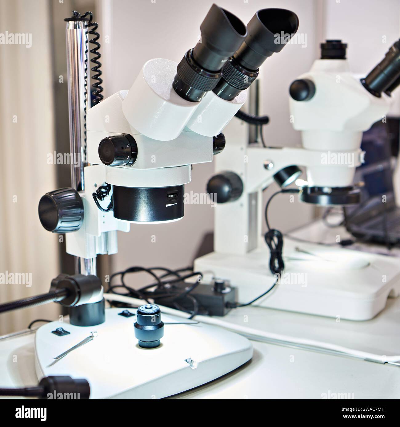Modern stereo microscopes on store exhibition Stock Photo