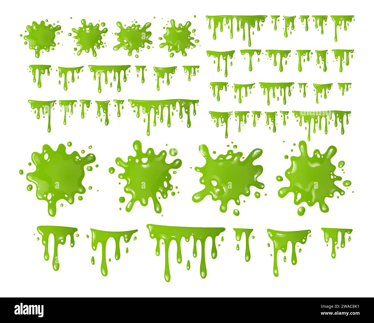 Green creepy cartoon slime. Splashes of gugu-drops, sticky dripping mucus Slimy drops, dirty borders for Halloven banners. Vector toxic waste set of d Stock Vector