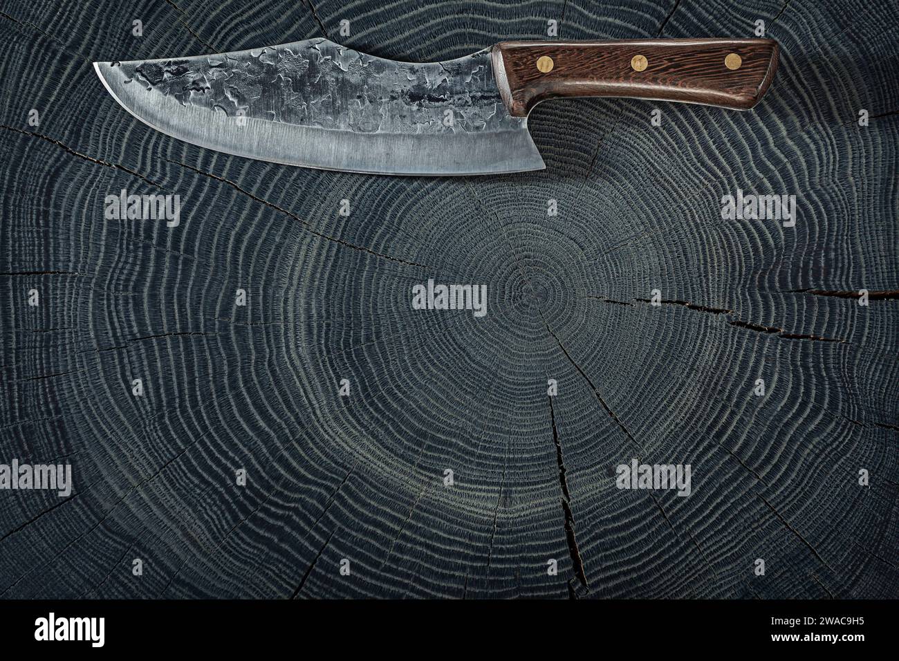 Big Meat Knife On Bog Oak Texture Stock Photo Alamy