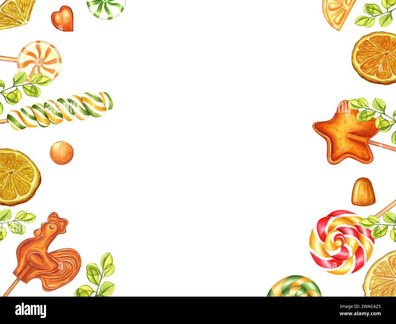 Orange flavored lollipops. Horizontal frame, copy space for text