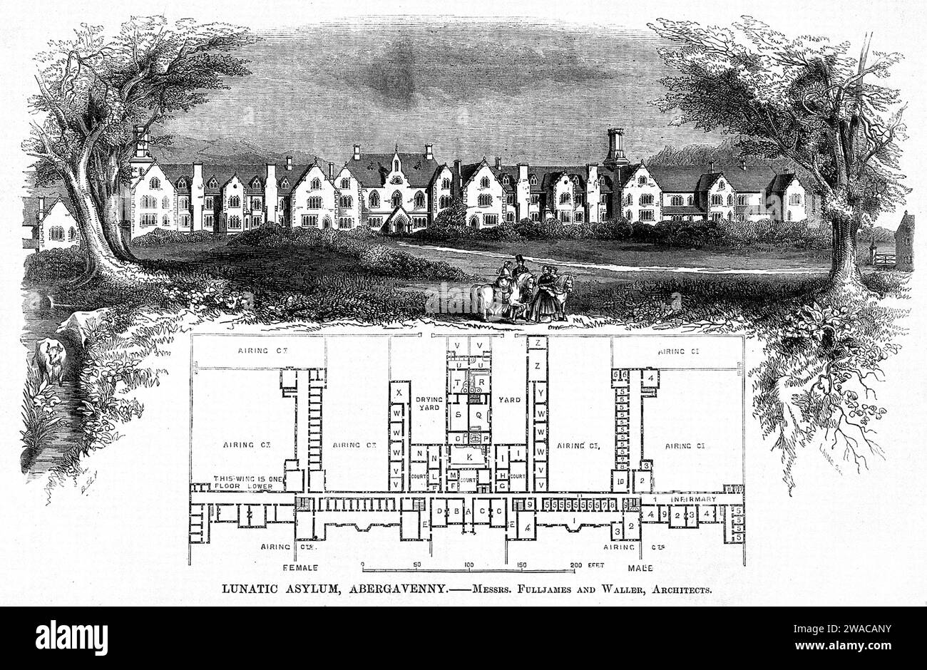 Plan and drawing of the lunatic asylum, Abergavenny, Wales, UK, published in The Builder, a weekly magazine, 1851, The Builder Stock Photo