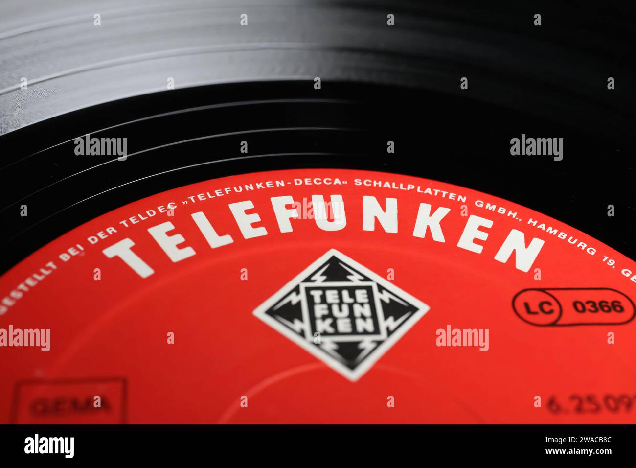 Viersen, Germany - May 9. 2023: Closeup of vinyl record label with logo lettering of Telefunken records company Stock Photo