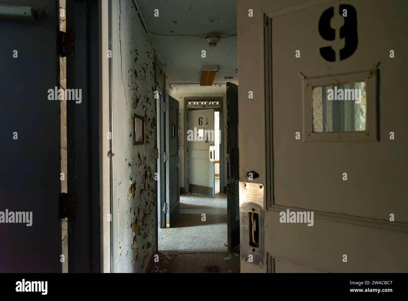 Interior of abandoned prison in Illinois, USA. Stock Photo