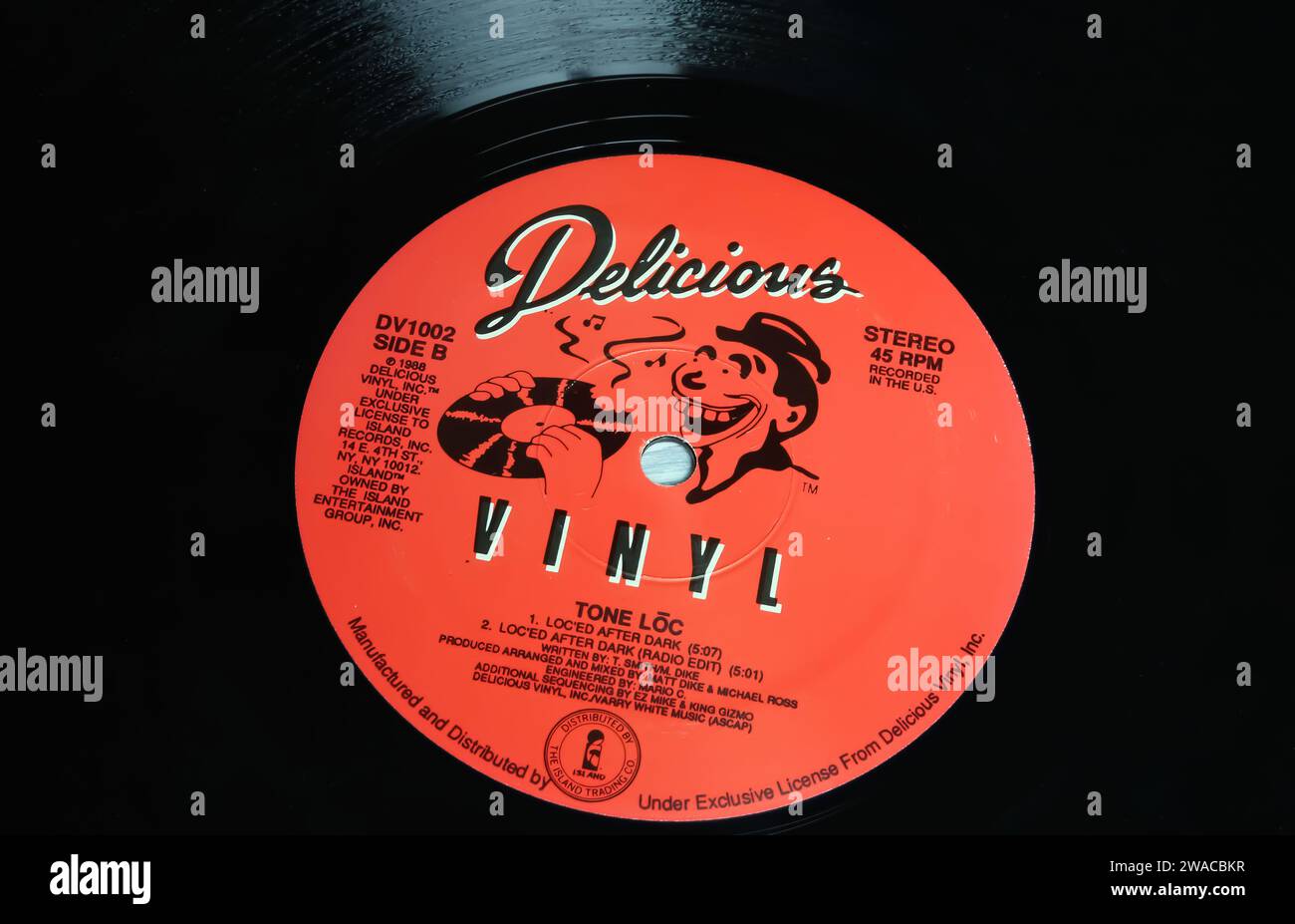 Viersen, Germany - May 9. 2023: Closeup of vinyl record album label of Delicious records company Stock Photo