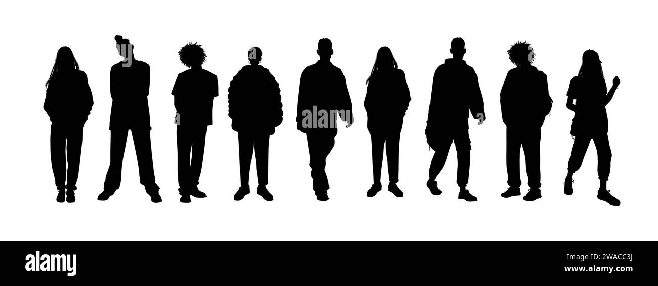 Vector silhouettes of men and a woman, a group of standing people Stock ...