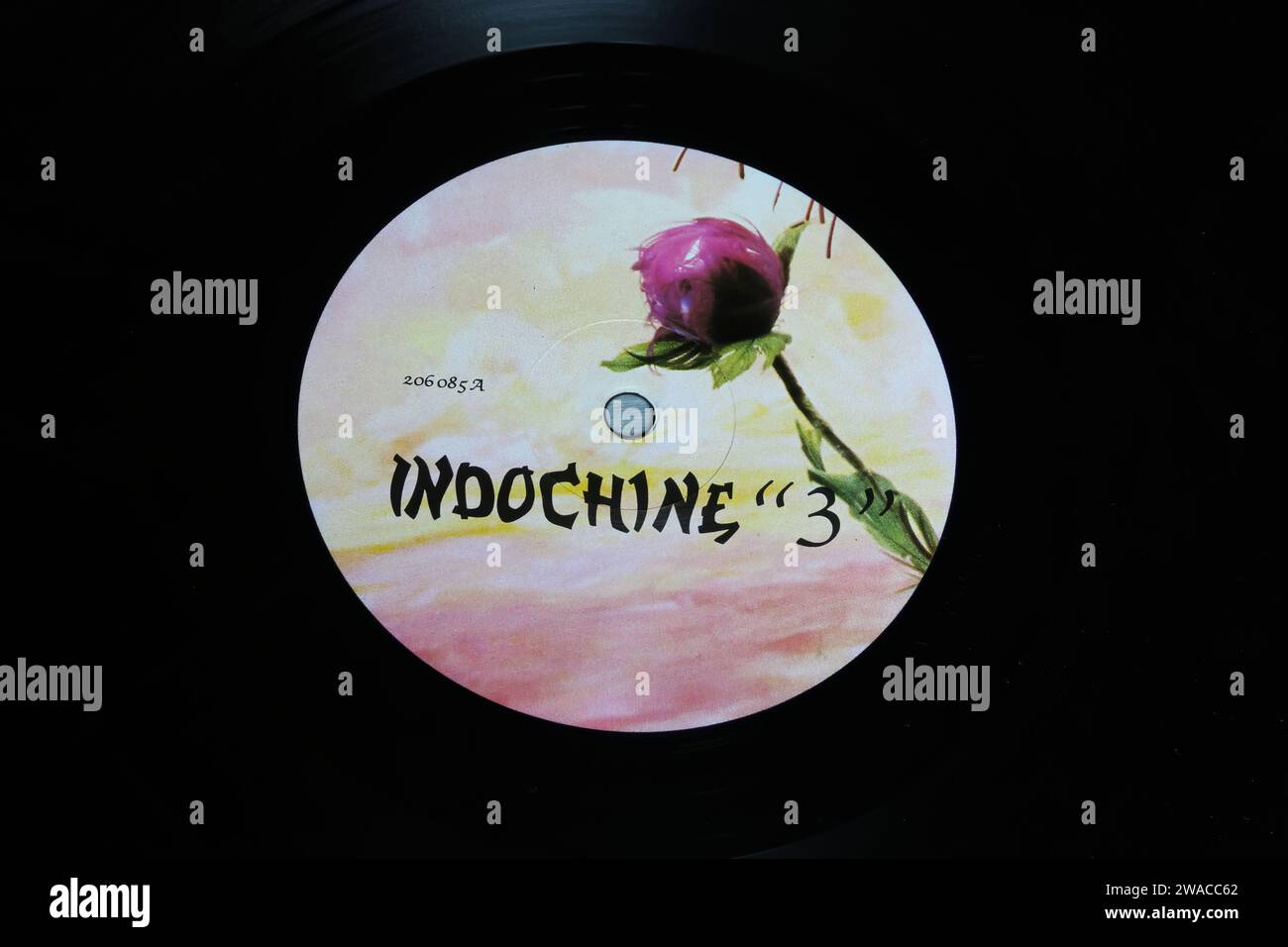 Viersen, Germany - May 9. 2023: Closeup of french band Indochine vinyl record album label 3 Stock Photo