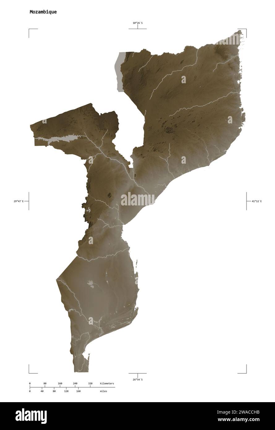 Mozambique map zoom border sepia - Shape Of A Elevation Map Colored In Sepia Tones With Lakes And Rivers Of The Mozambique With Distance Scale And Map Border Coordinates Isolated On W 2WACCHB