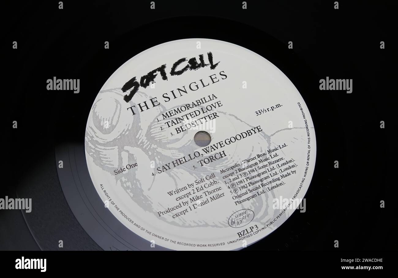 Viersen, Germany - May 9. 2023: Closeup of british electronic pop duo Soft Cell vinyl record album label with hit singles Stock Photo
