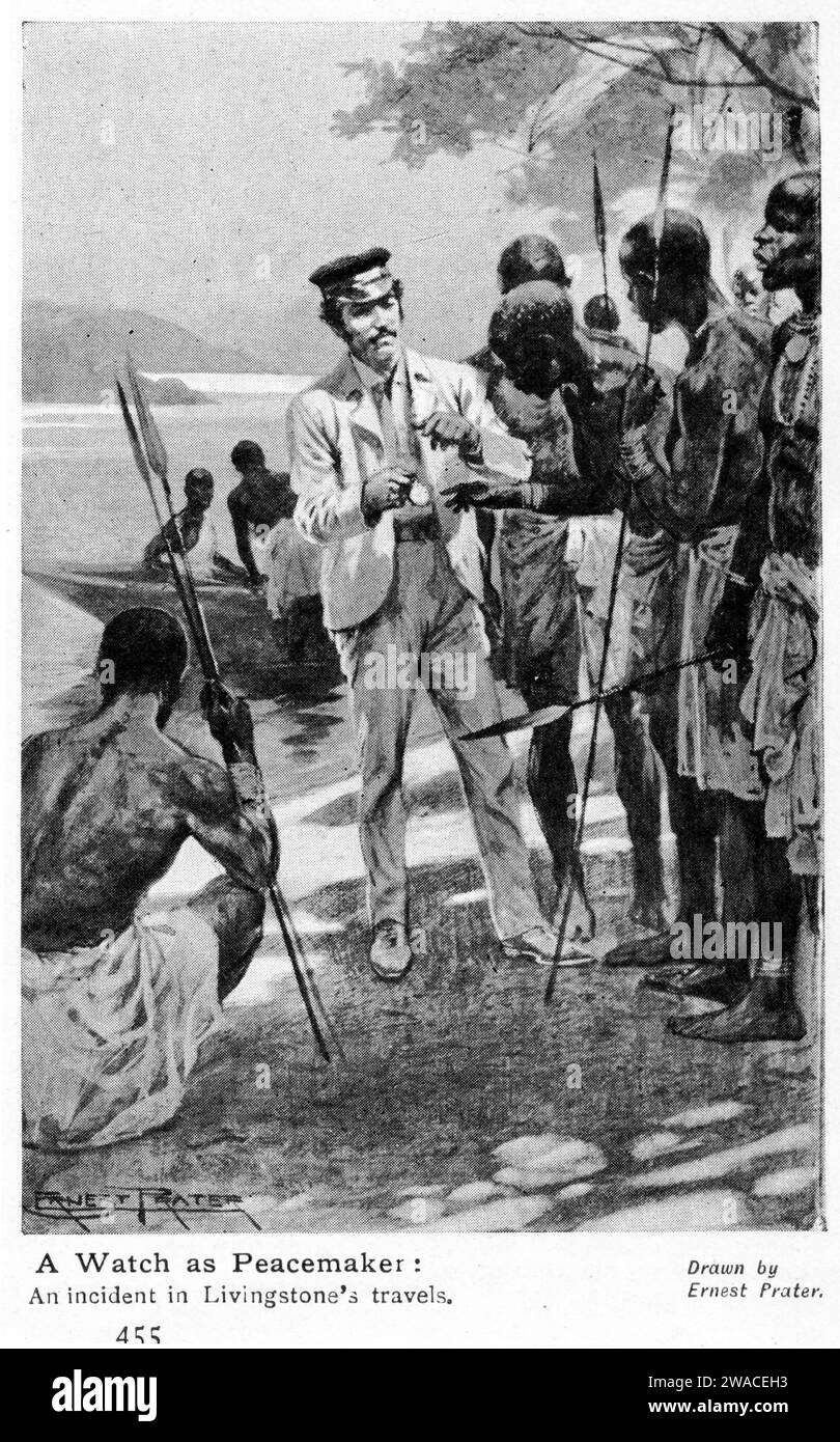 missionary David Livingstone greets a group of natives in Africa as he starts his mission of preaching Stock Photo