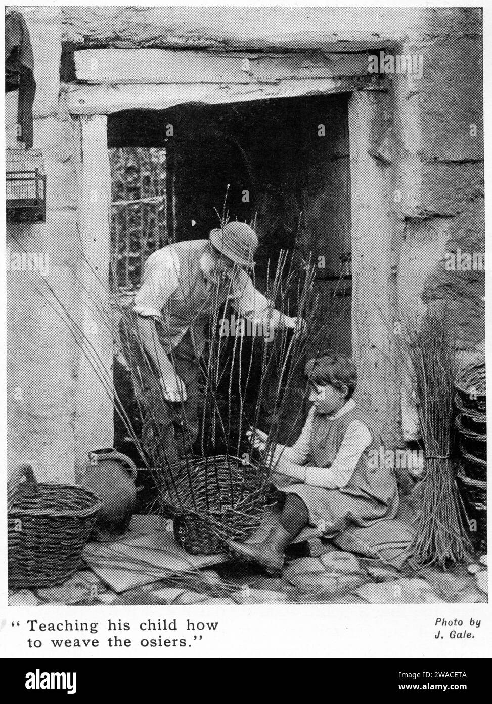 Halftone of a girl learning how to make willow baskets, England, published circa 1913 Stock Photo