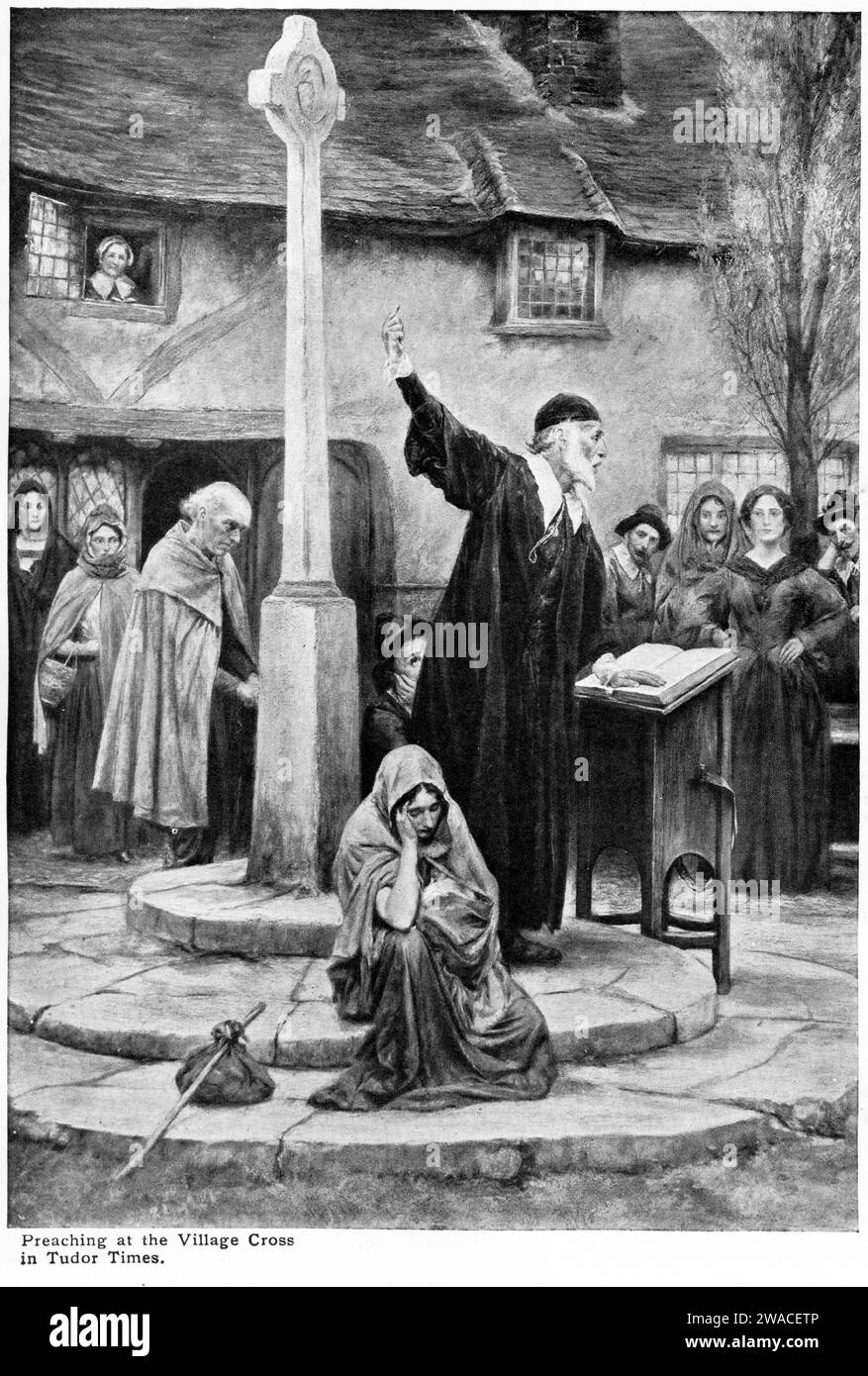 Halftone of an evangelist preaching to a group of people coming under conviction of their sin at the village cross in Tudor Times, England, published circa 1913 Stock Photo