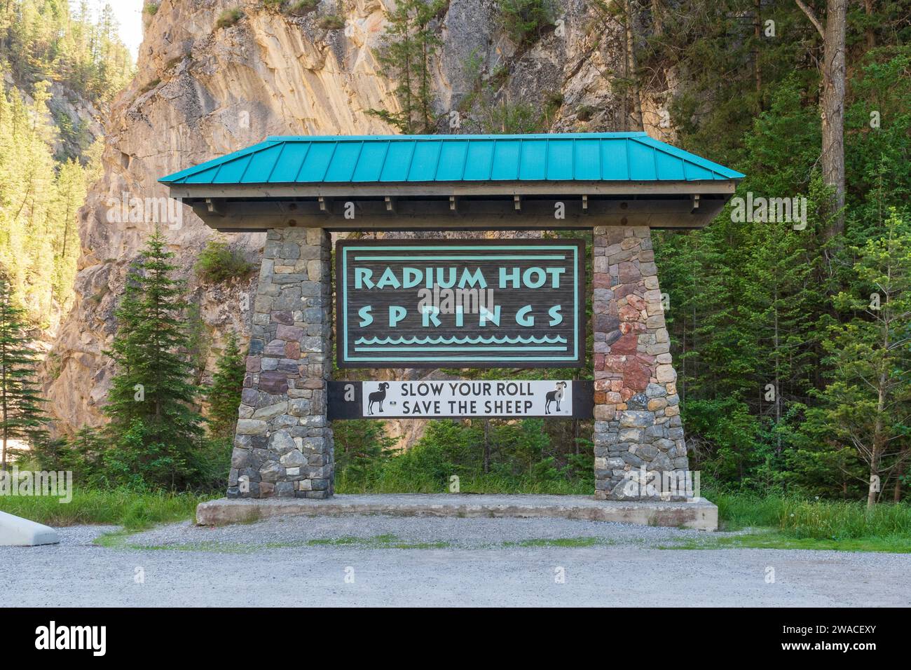 Radium Hot Springs, BC  Canada - 11 JUN 2023: Radium Hot Springs Welcome Sign Stock Photo