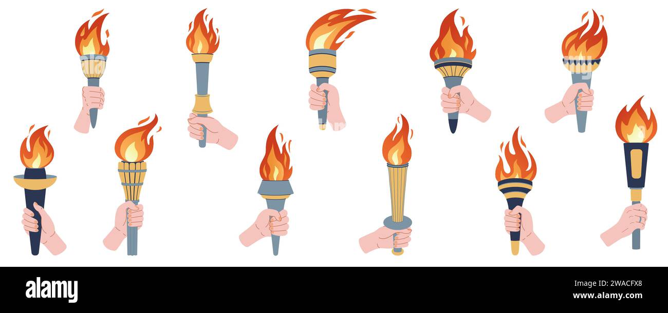 Hand holding a torch. Vector set. Vector illustration. Sport symbol, flat vector illustration design. Torch, Flame. Vector isolated burning torches flames in hands.  Stock Vector