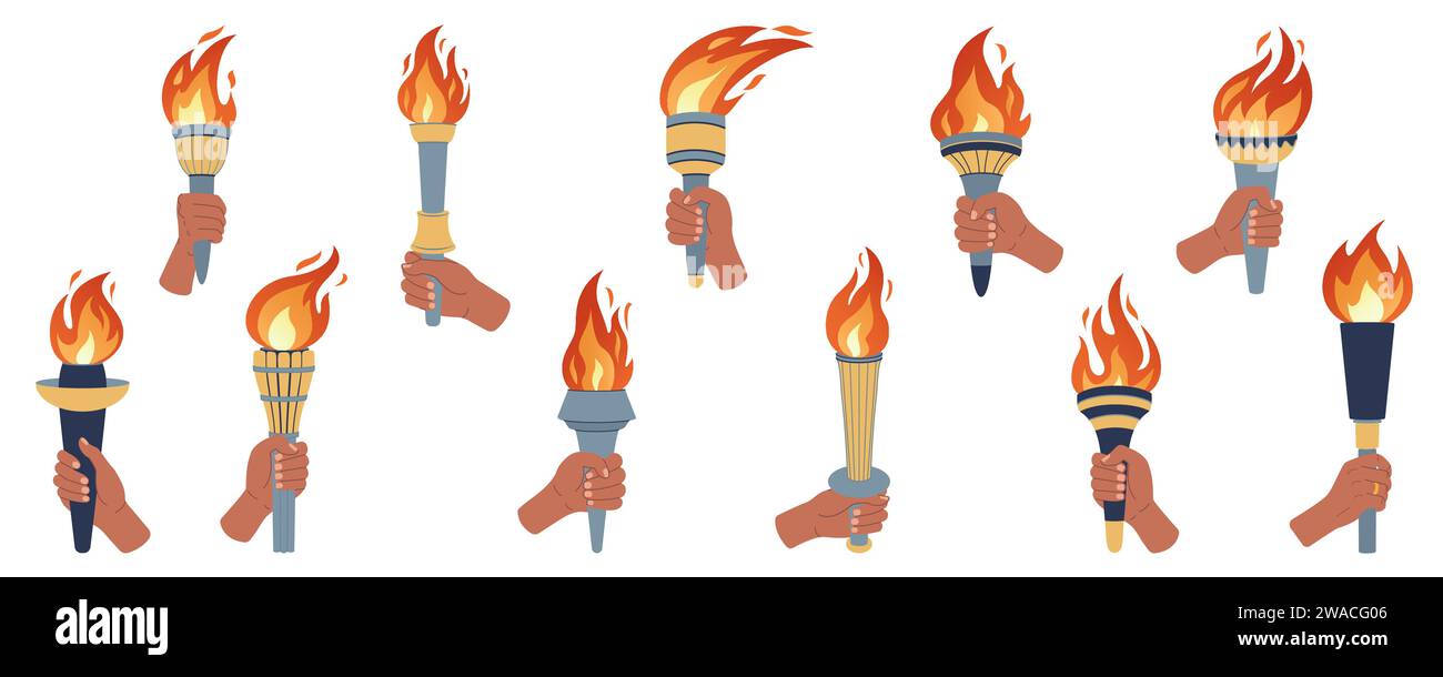 Hand holding a torch. Vector set. Vector illustration. Sport symbol, flat vector illustration design. Torch, Flame. Vector isolated burning torches flames in hands.  Stock Vector