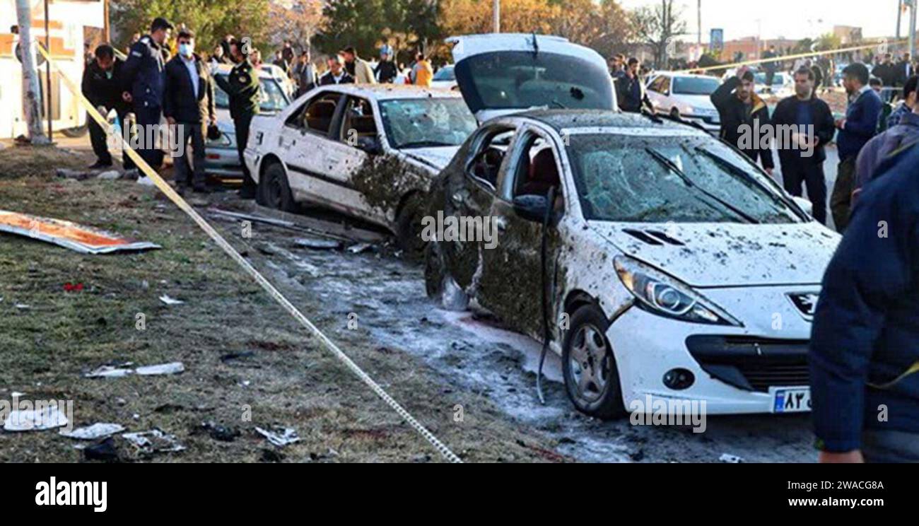 Kerman, Iran. 3rd Jan, 2024. The scene after explosions at a