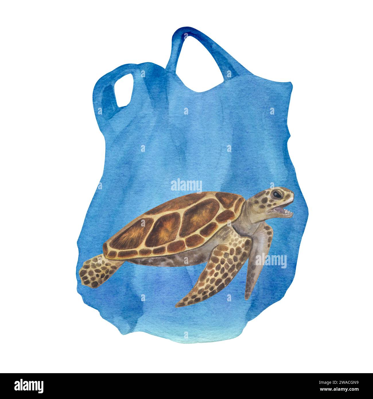 Sea turtle got entangled plastic bag. Ocean pollution. Great Pacific Garbage Patch. Hand drawn watercolor illustration isolated background. Ecology Stock Photo