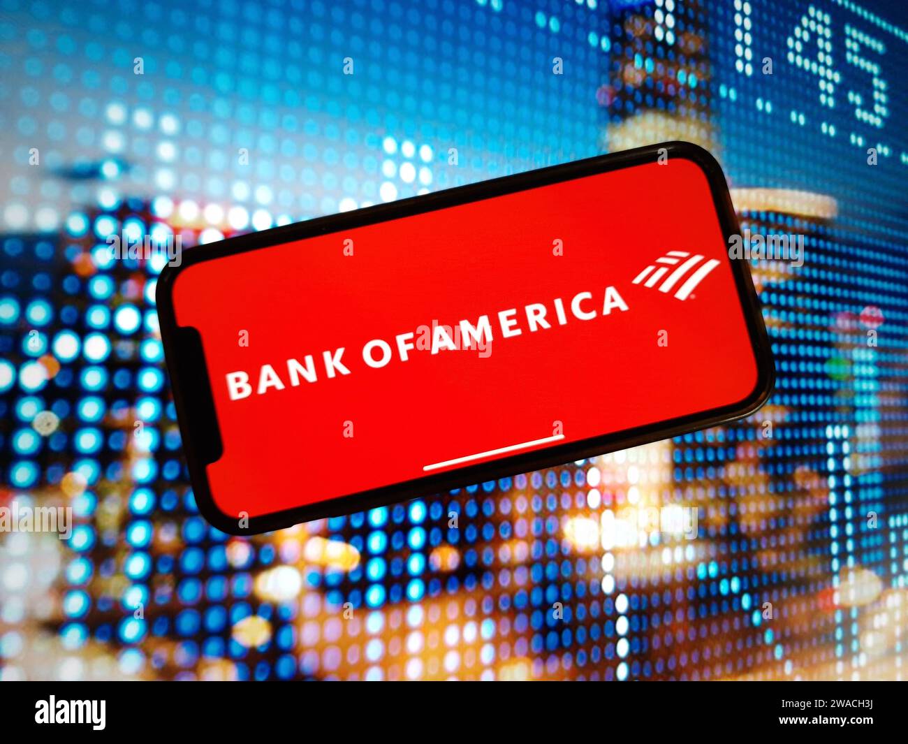 Konskie, Poland - January 03, 2024: Bank of America company logo displayed on mobile phone screen Stock Photo