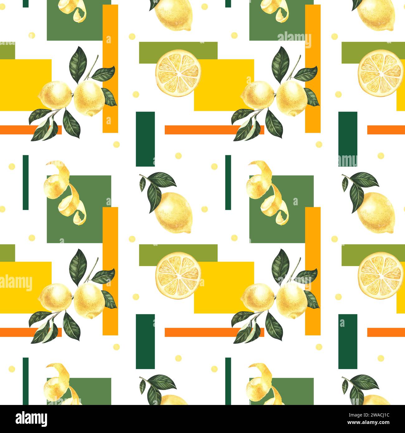 Hand drawn seamless pattern with ripe yellow lemons and leaves on the ...