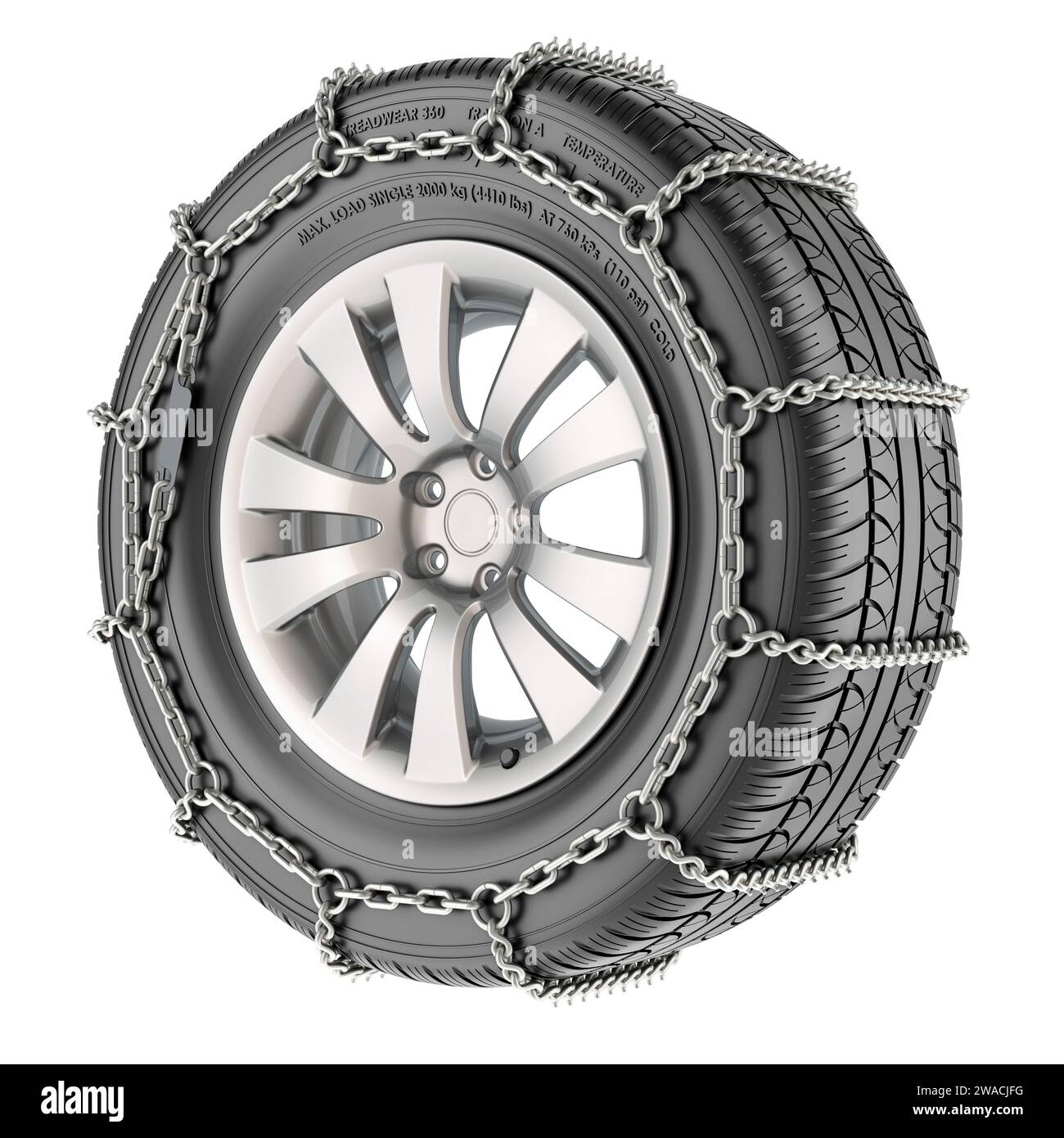 Car wheel with snow chain, 3D rendering isolated on white background Stock Photo