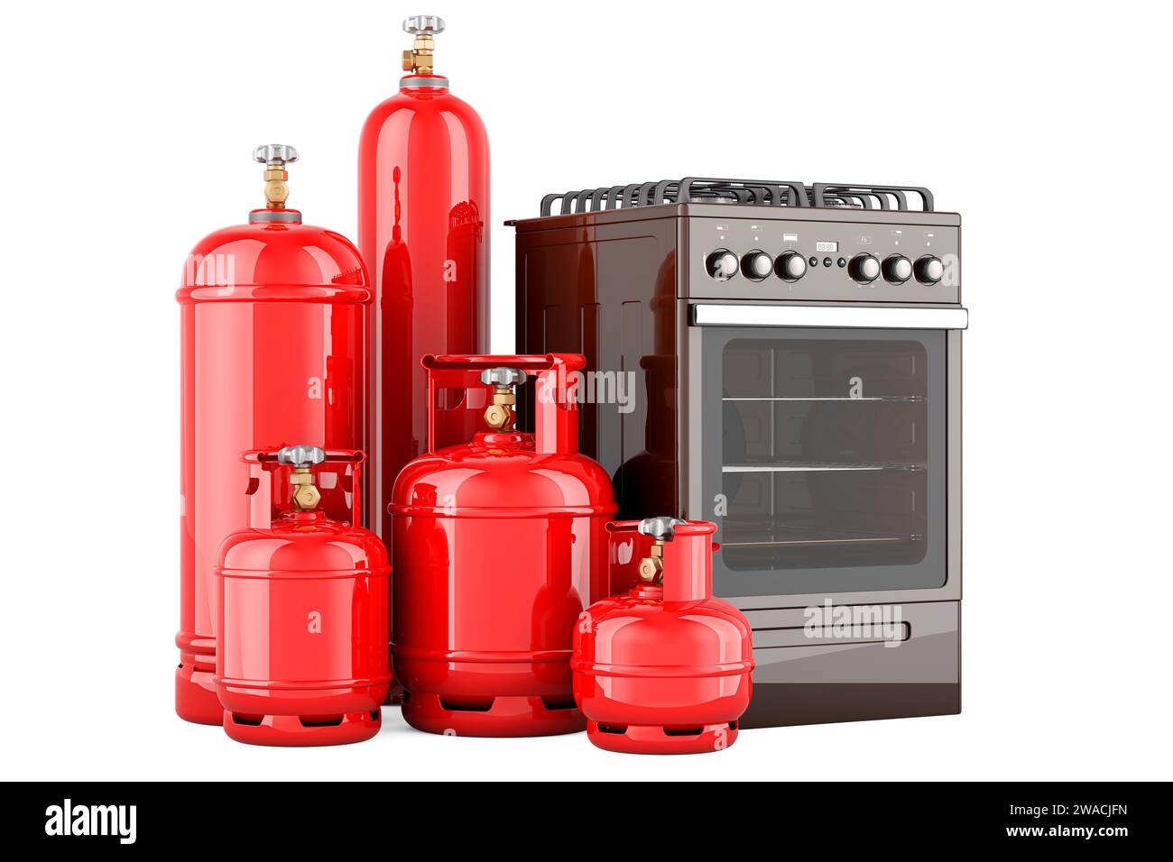 Propane gas cylinders with gas stove. Gas Delivery Service, concept. 3D
