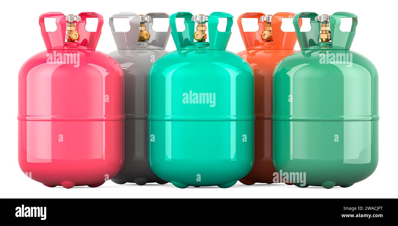 Set of gas cylinders with freon, 3D rendering isolated on white background Stock Photo